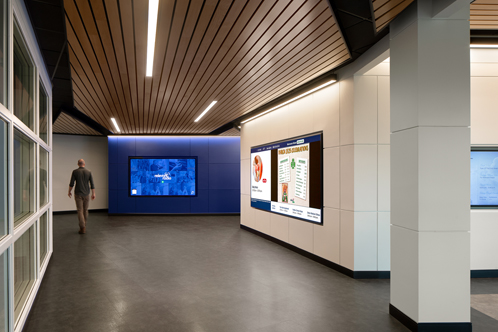 Relevant Radio main hallway, interior lighting