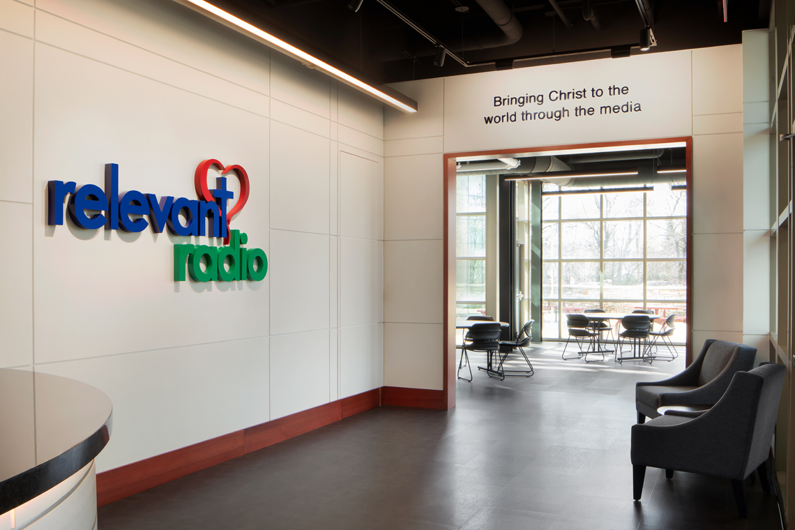 Relevant Radio HQ work space, interior lighting