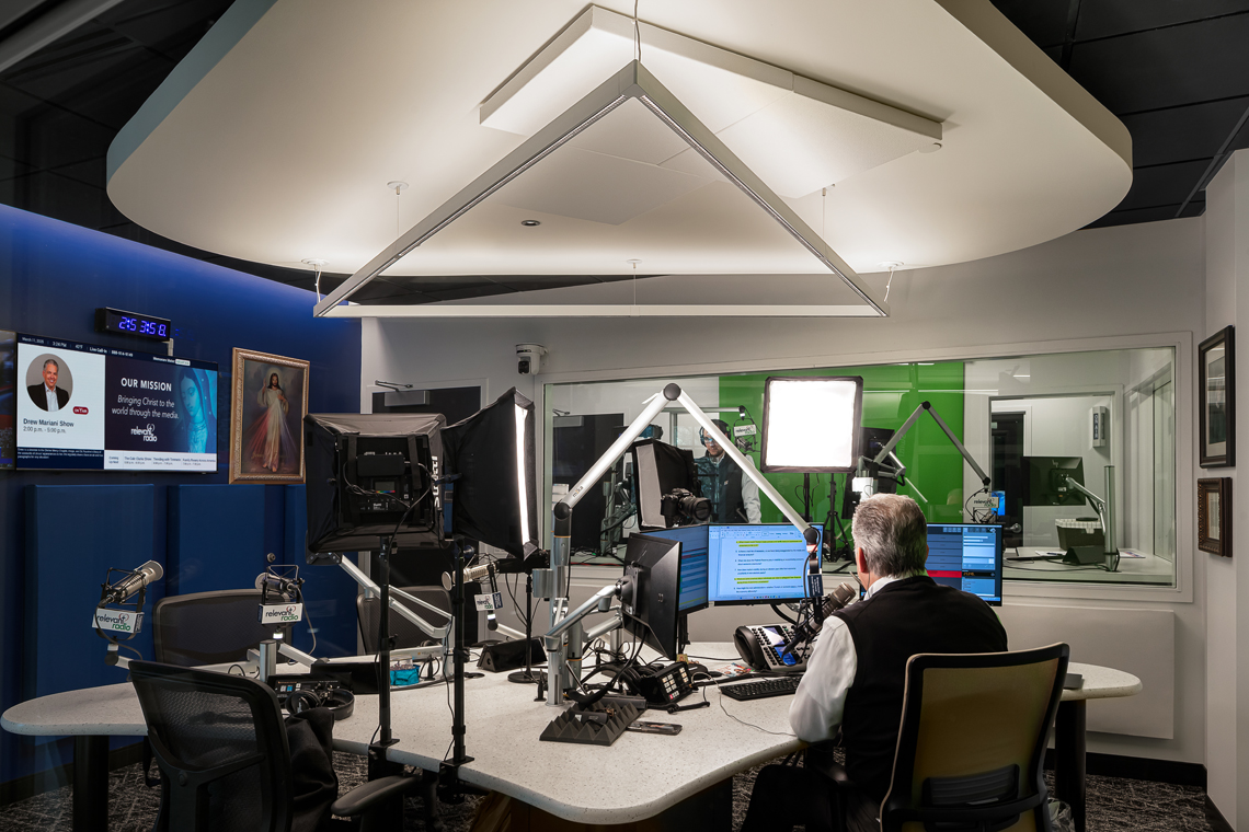 Relevant Radio HQ work space, interior lighting